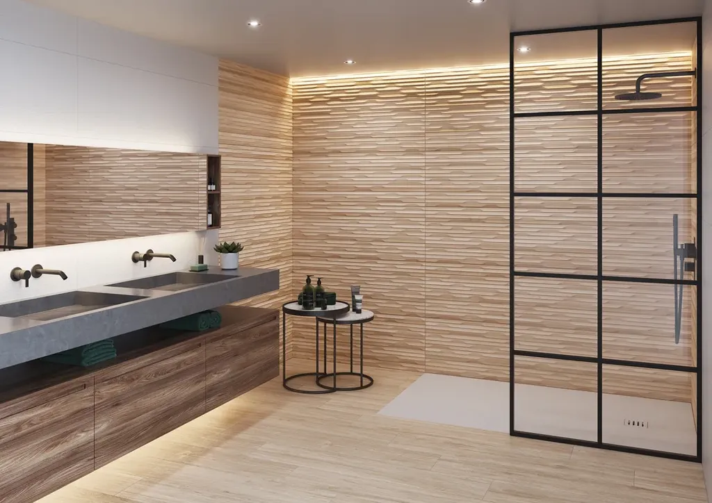 Salle de bain moderne avec mur de douche italienne en carrelage relief effet bois chene Wewood Roble 40x120 à Gardanne