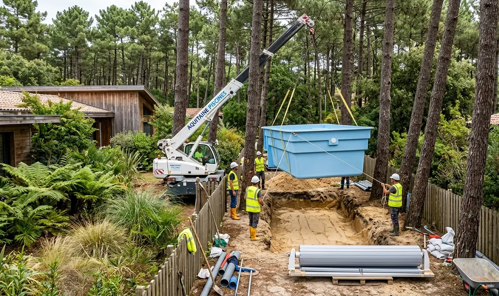 installation d'une piscine a coque avec rideau, sur terrain complexe dans les Landes