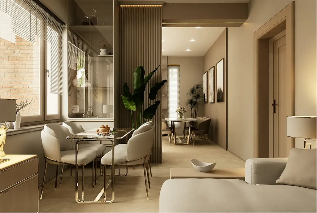 Aménagement d'une pièce de vie avec un coin salon, salle à manger et cuisine moderne et lumineux dans les tons beige