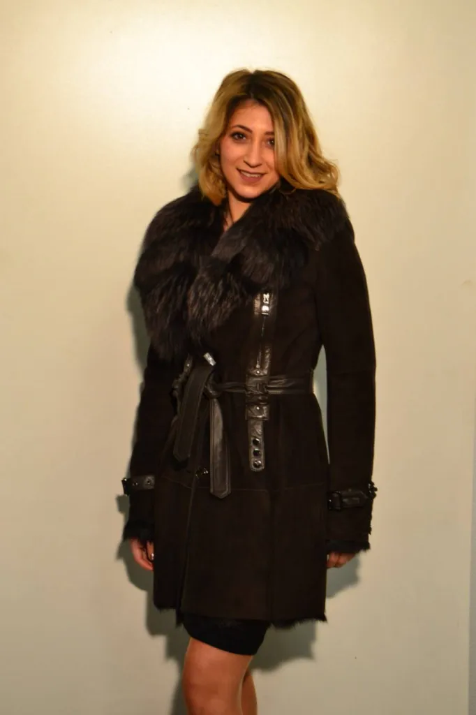 manteau agneau retourné col fourrure marron 