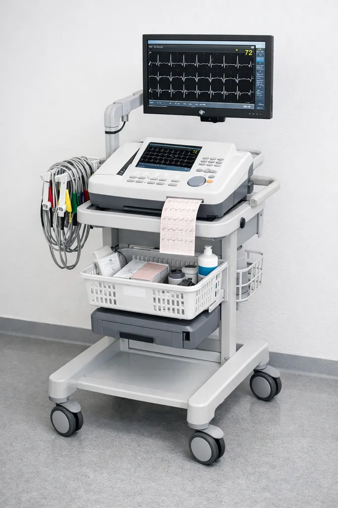 Chariot ECG professionnel ergonomique avec plateau et support câbles à Metz