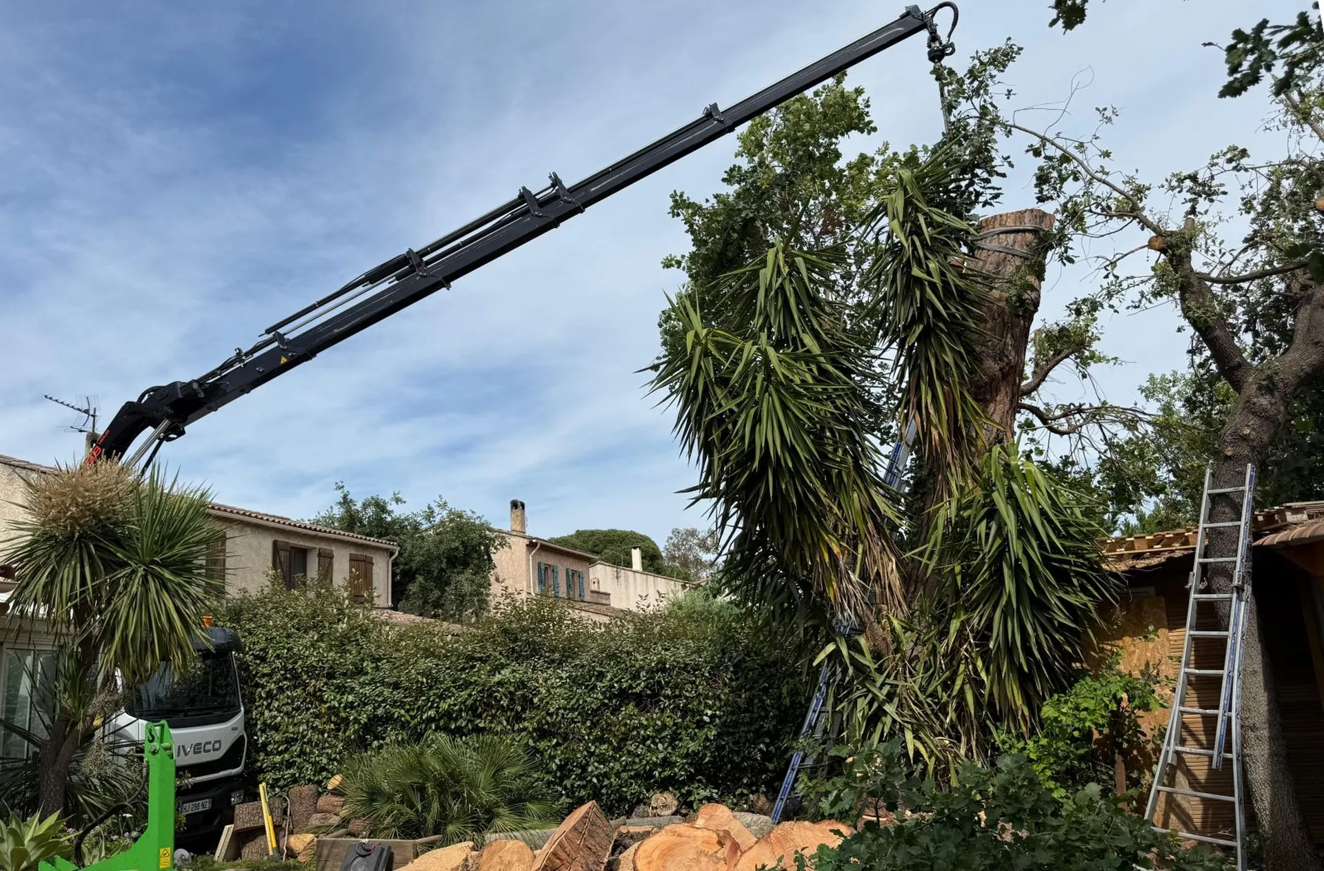 La flèche du camion grue Jardivar en action lors du démontage sécurisé d'un pin parasol fragilisé par la tempête Diego à La Garde, dans le Var.