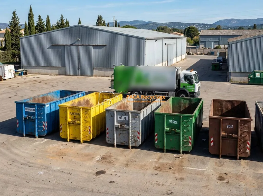 Mise en place du tri sélectif 6 à 8 flux en zone industrielle : bacs et bennes identifiés par couleur 