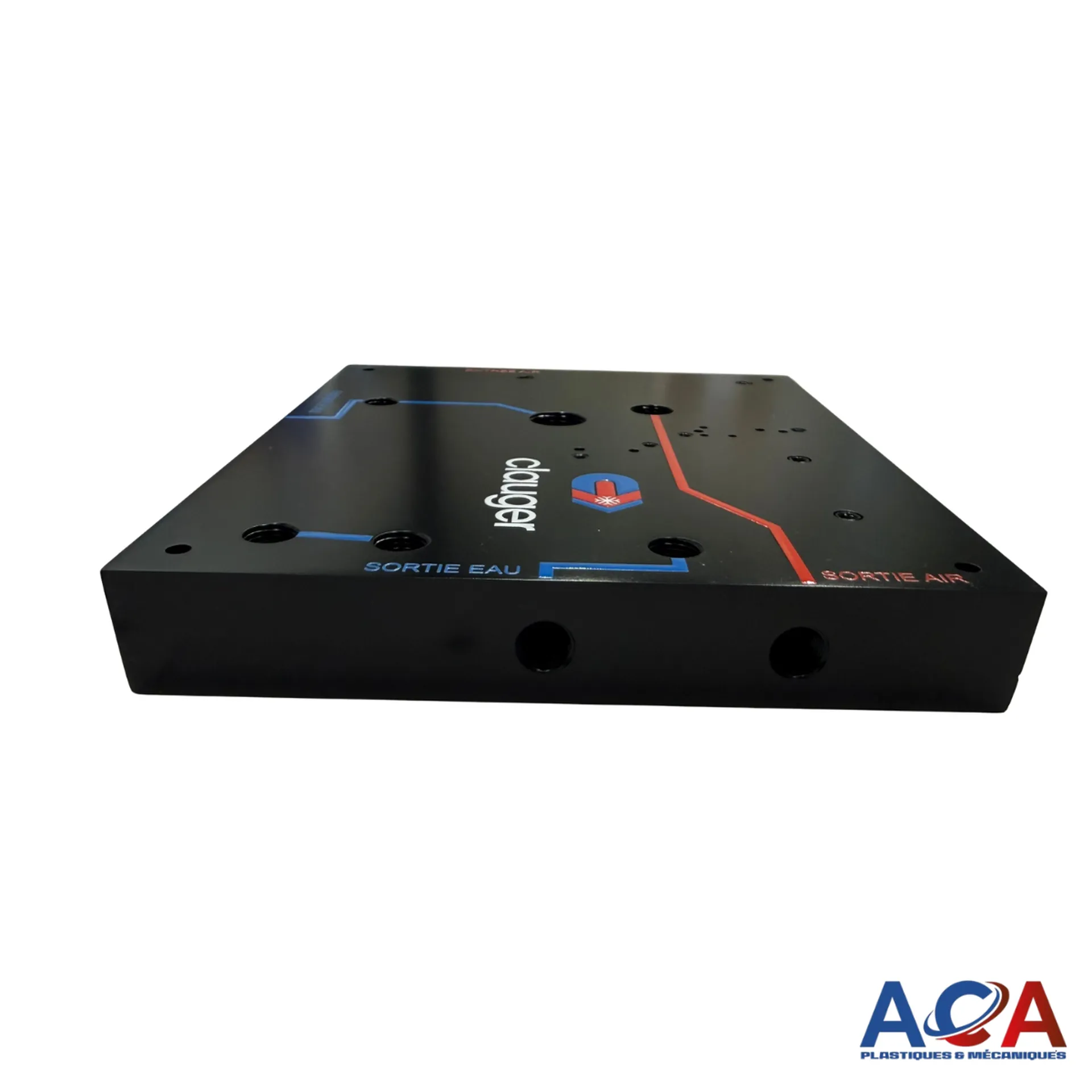 Vue en perspective d’un circuit gravé pneumatique, conçu pour limiter les raccordements et optimiser l’intégration industrielle.