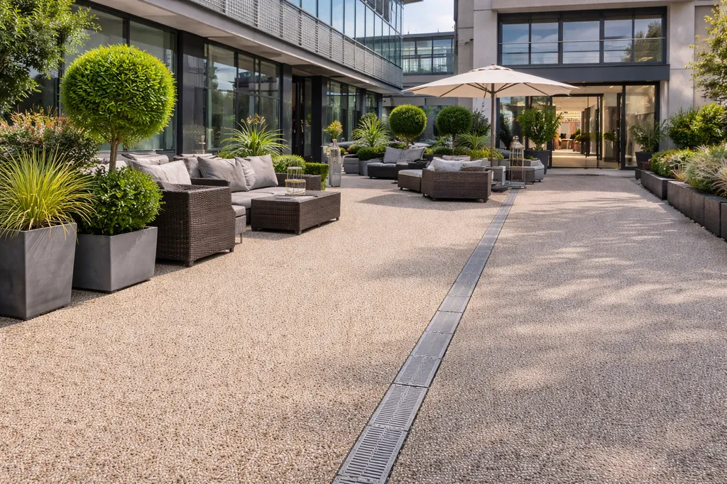 Pose de moquette de pierre professionnelle drainante pour terrasses et ERP à Dijon en Côte-d’Or