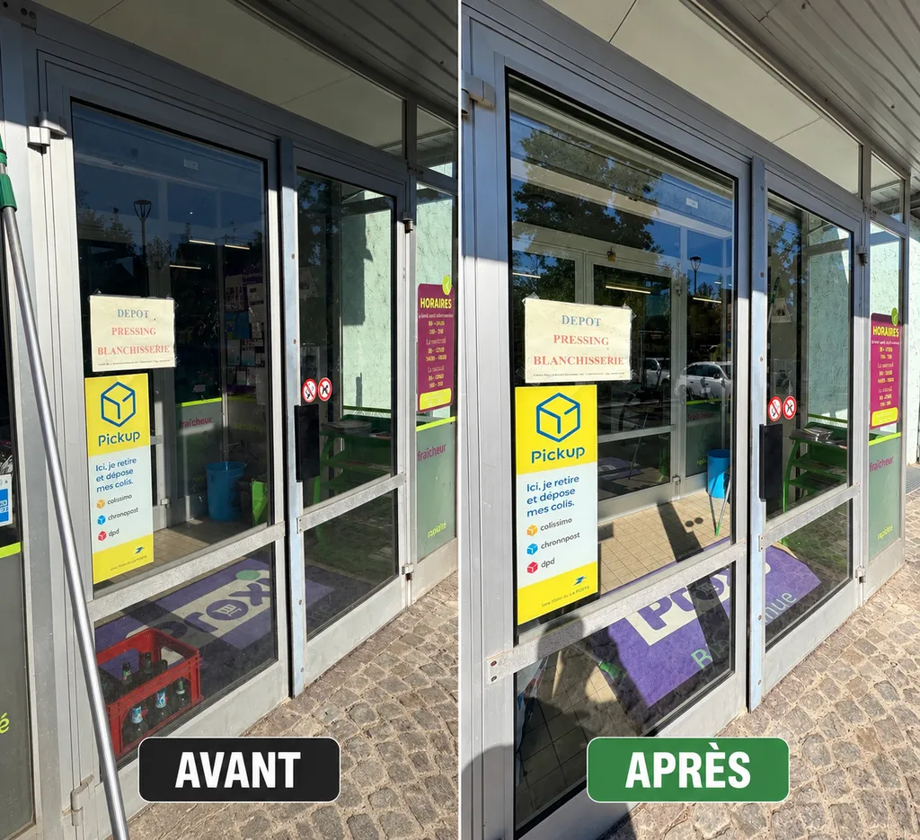 Nettoyage des vitres extérieur  sas d’entrée magasin proxy à Andlau en Alsace