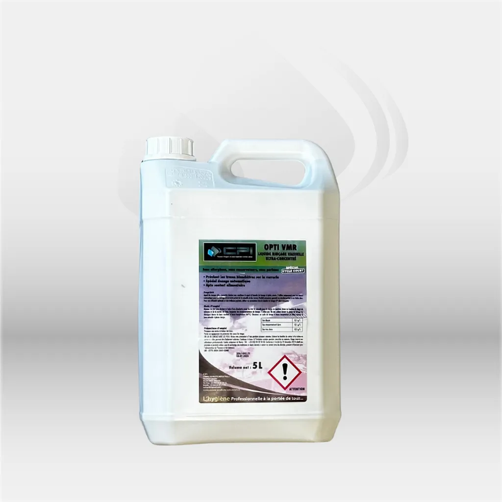 Liquide de rinçage vaisselle machine professionnelle Opti VMR 5L pour séchage rapide et brillance optimale, idéal pour restaurants, hôtels et collectivités, garantissant une vaisselle sans traces et une finition professionnelle impeccable – disponible à M