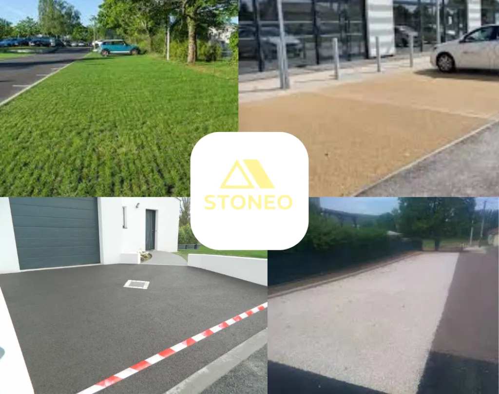 Création de places parking drainant en moquette de pierre. Solution esthétique et durable à base de résines hautes performances et de granulat de marbre avec STONEO.