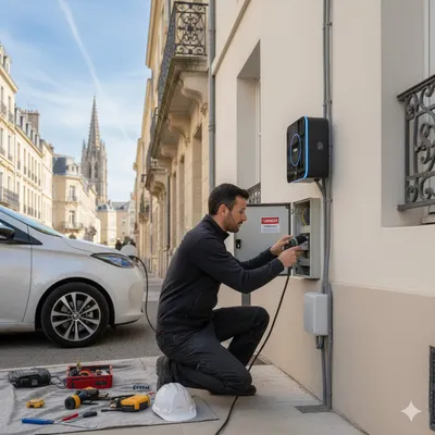 Photo d'un électricien certifié IRVE en train d'effectuer le raccordement d'une borne de recharge électrique à Bordeaux, en toute sécurité