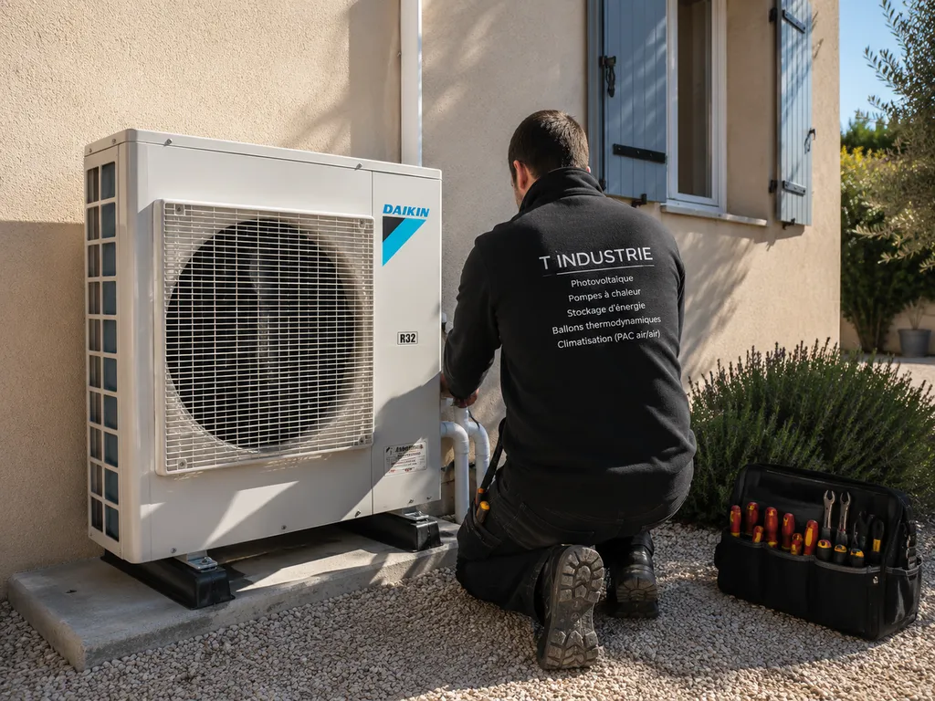 Installation d'une pompe à chaleur monobloc réalisée par T Industrie à Aix-en-Provence. Une solution compacte, performante et parfaitement adaptée aux projets de rénovation énergétique tout en optimisant l'espace technique de l'habitation.