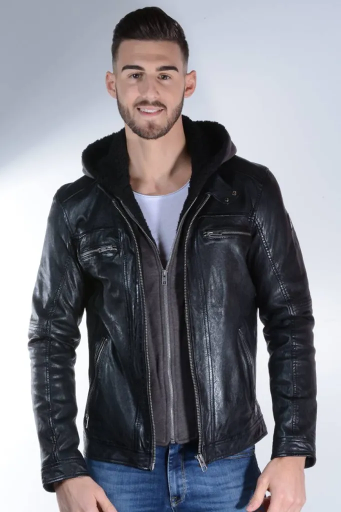 blouson cuir noir capuche Oakwood homme