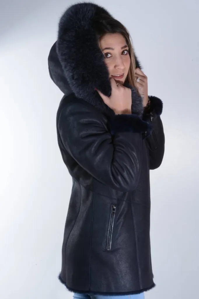 veste peau lainée capuche fourrure noire femme