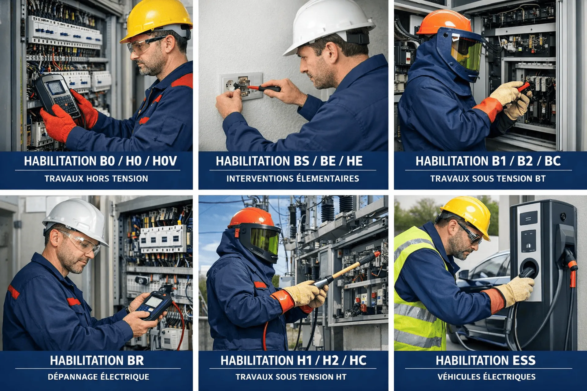Panorama des niveaux d’habilitation électrique, des travaux hors tension aux interventions en basse et haute tension.