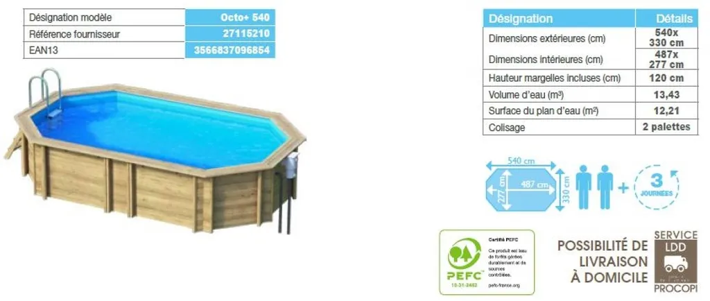 Piscine bois octogonale allongées 4m90 x 2m80 commercialisée par Aquarev'Piscines à Les Mées 04190