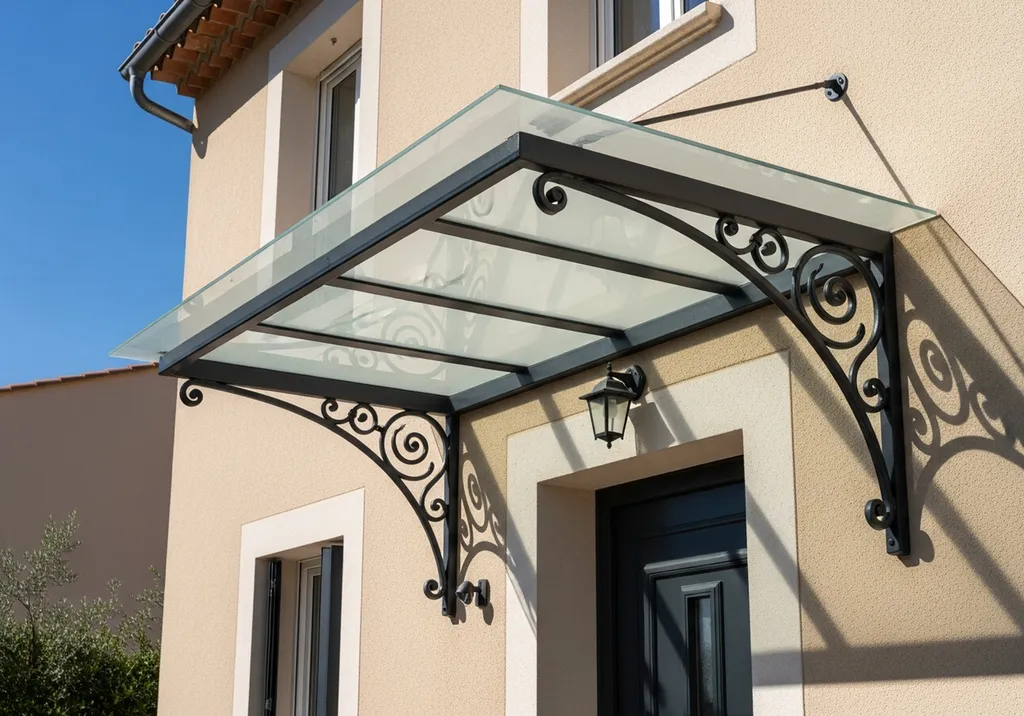 Marquise métallique élégante thermolaquée installée à Sanary pour protéger entrée maison tout en valorisant façade architecturale varoise