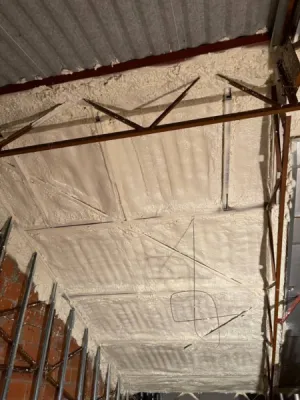 Isolation sous plaque fibro ciment ondulée d'un bâtiment industriel dans le Médoc