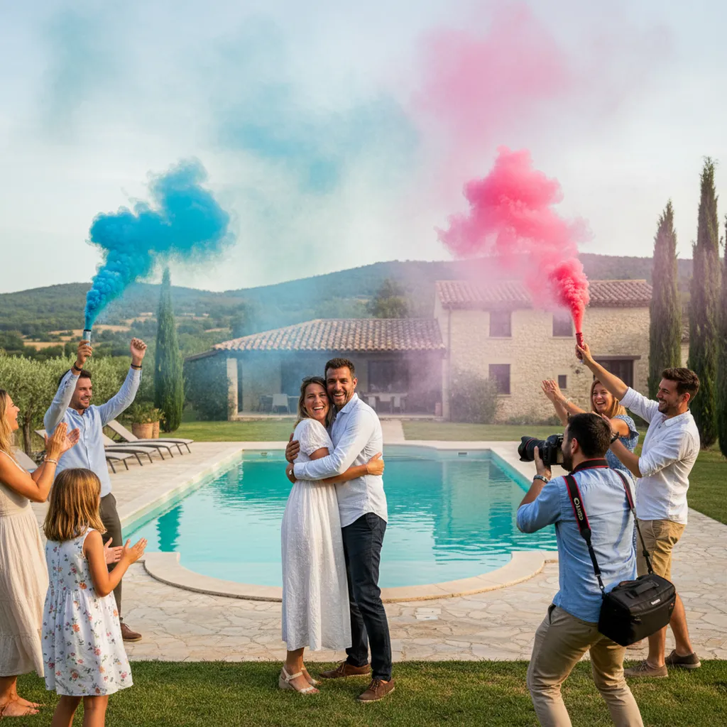 Réserver domaine pour Gender Reveal avec fumigènes de couleur et photographe à proximité d’Avignon TGV, proches Sorgues et Monteux