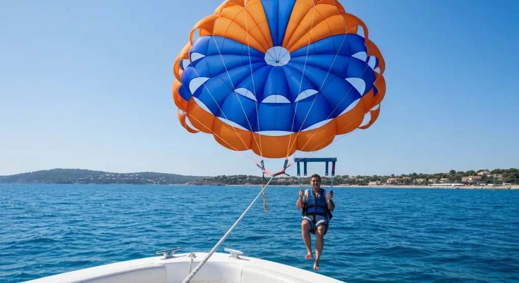 Parachute ascensionnel orange et bleu au-dessus de la Méditerranée, côte varoise au loin