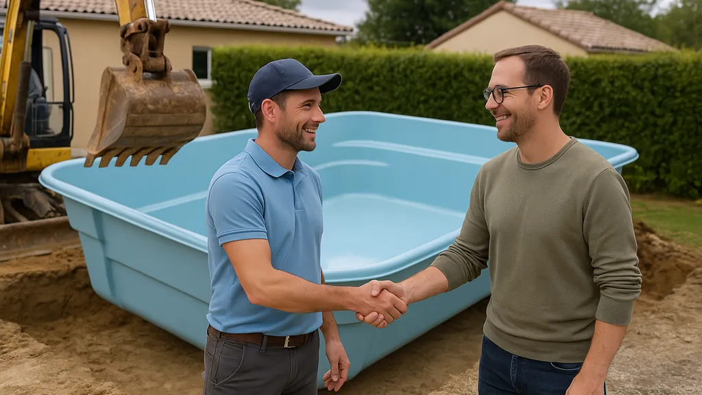 Pose d’une piscine coque polyester à Le Castellet : un technicien en discussion avec le client sur site. Alliance Piscines 83 garantit une installation encadrée et conforme.
