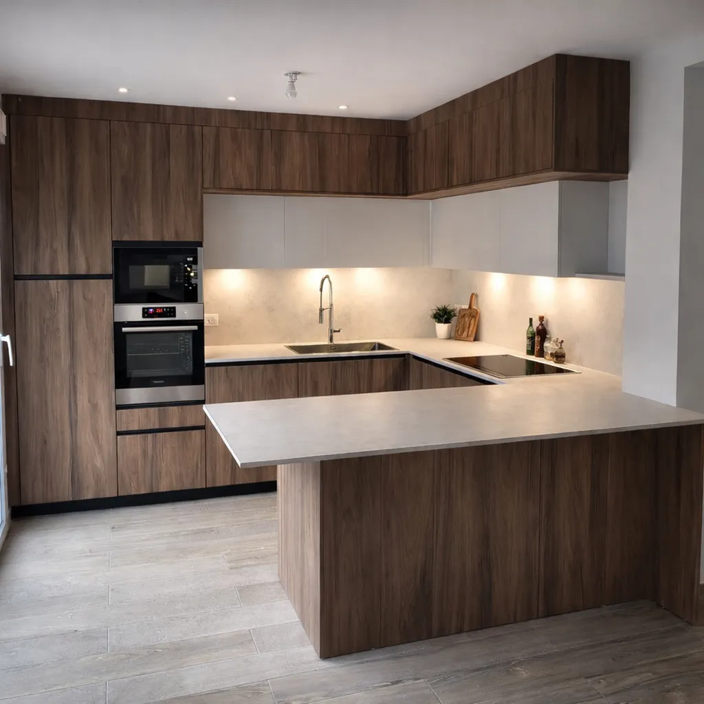 Cuisine en U finition bois foncé et plans de travail en stratifié effet pierre beige proche de Lyon