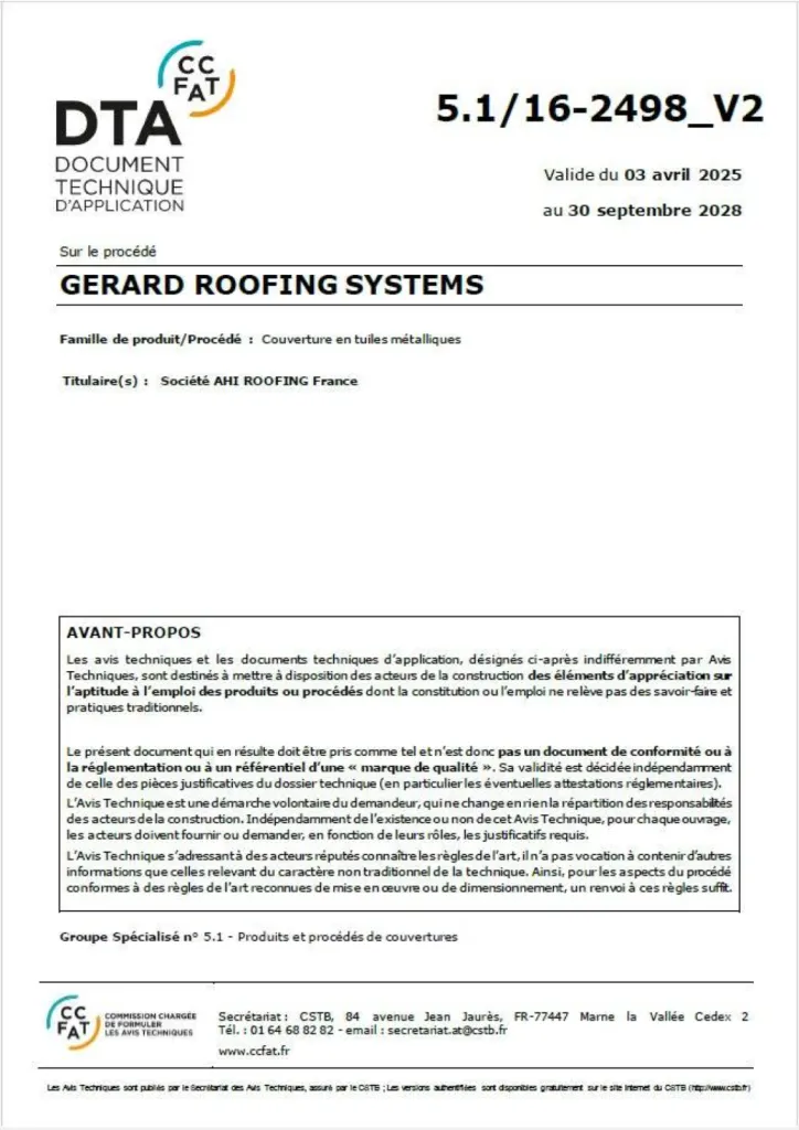 Avis Technique Tuiles Métalliques GERARD Roofing Systems 51 16 2498 V2
