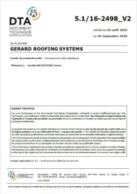 Avis Technique Tuiles Métalliques GERARD Roofing Systems 51 16 2498 V2