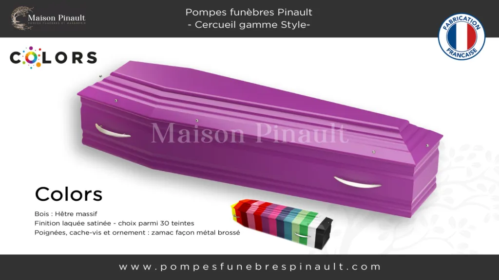 cercueil Colors haut en couleur gamme Style forme tombeau couleur personnalisable hêtre massif violet rouge rose bleu vert noir blanc sur mesure Pompes funèbres Pinault