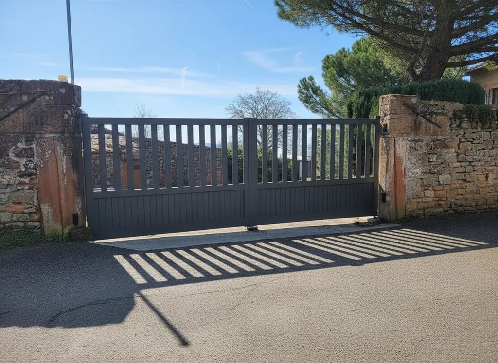 Installation d'un portail battant motorisé en aluminium gris anthracite à Meximieux dans l'Ain par 3 Baies