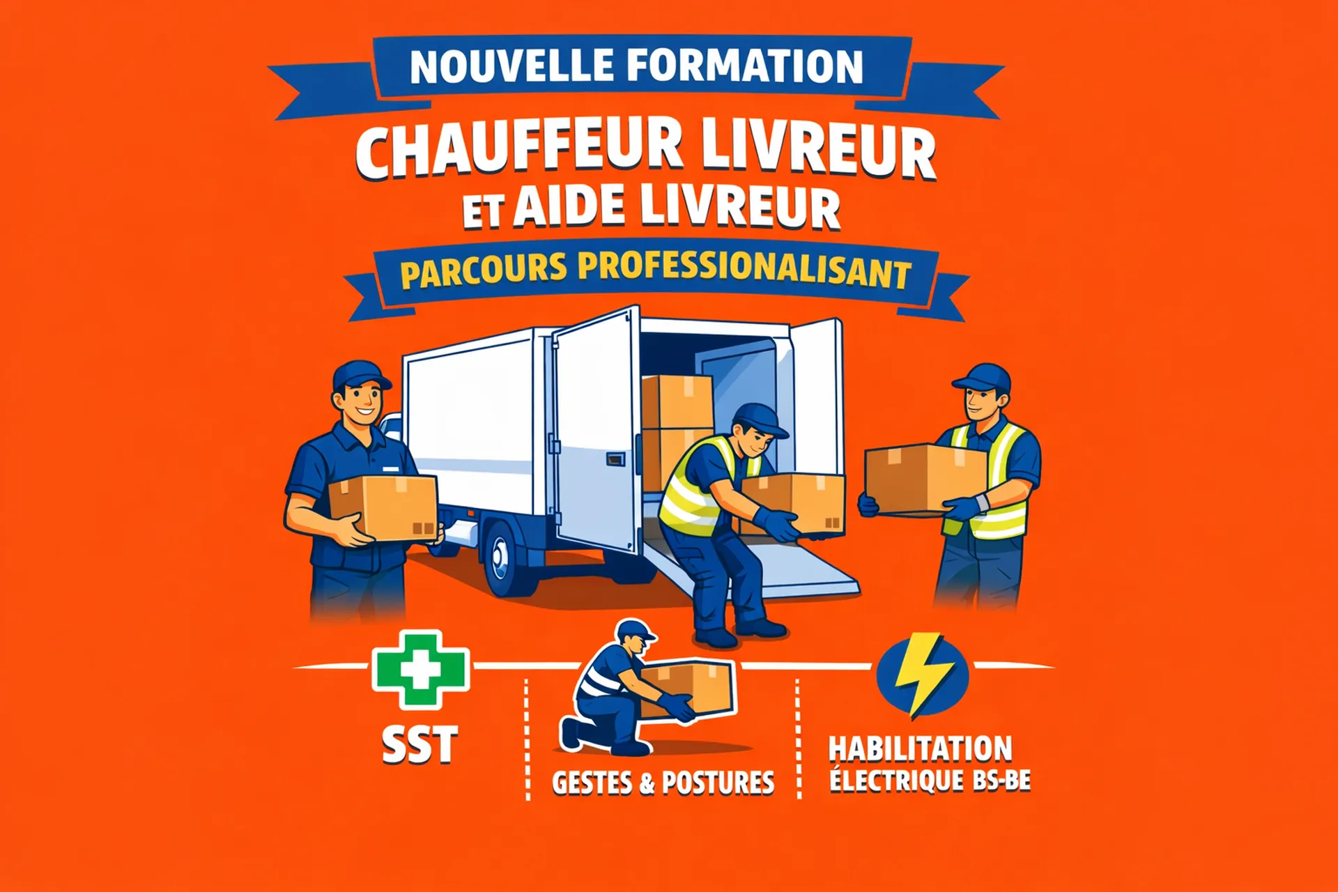 illustration formation chauffeur livreur et aide livreur avec SST gestes et postures et habilitation électrique BS BE manipulation de colis livraison