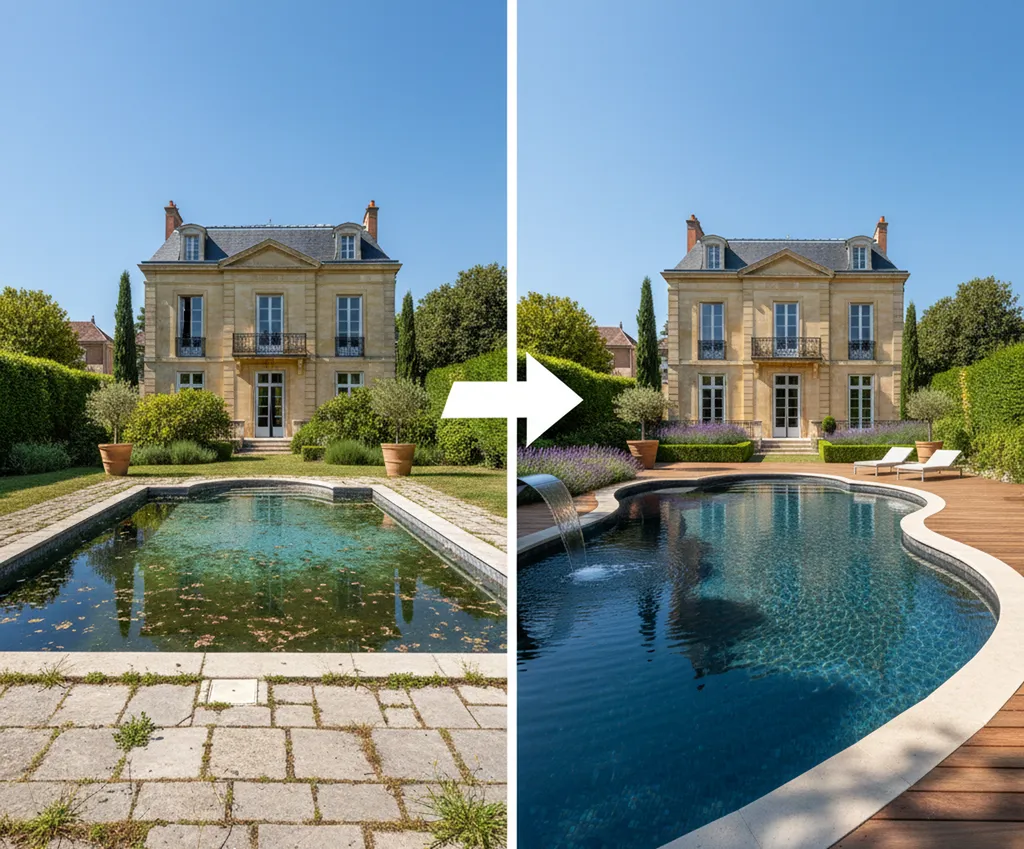 Avant/Après rénovation et changement de forme de piscine au Bouscat