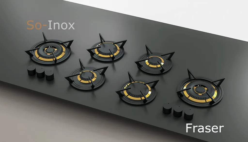 Brûleurs individuels FRASER 6 feux dont 2 brûleurs wok (1,9 kW, 1,9 kW, 3,5 kW, 3,5 kW, 5,0 kW et 5,0 kW)