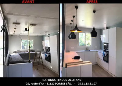 AVANT - APRES pose plafond tendu BARRISOL dans cuisine - Salvetat St Gilles