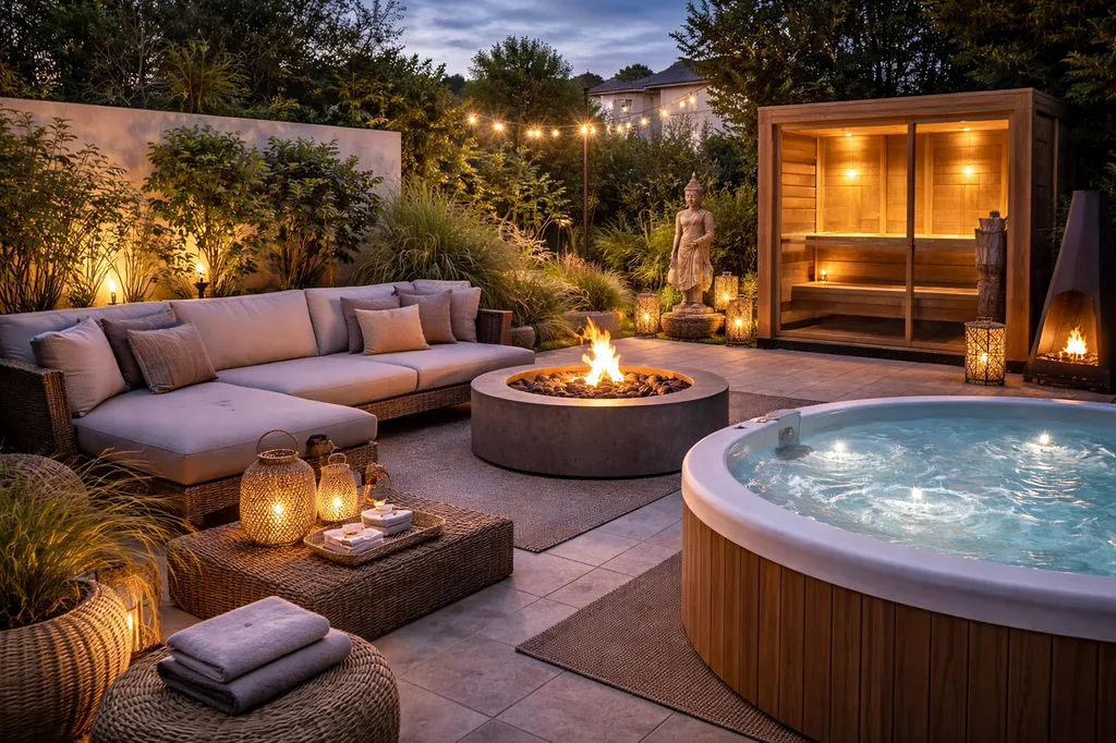 Mobilier extérieur et décoration autour d’un spa et d’un sauna pour créer un espace bien-être chaleureux et élégant en extérieur