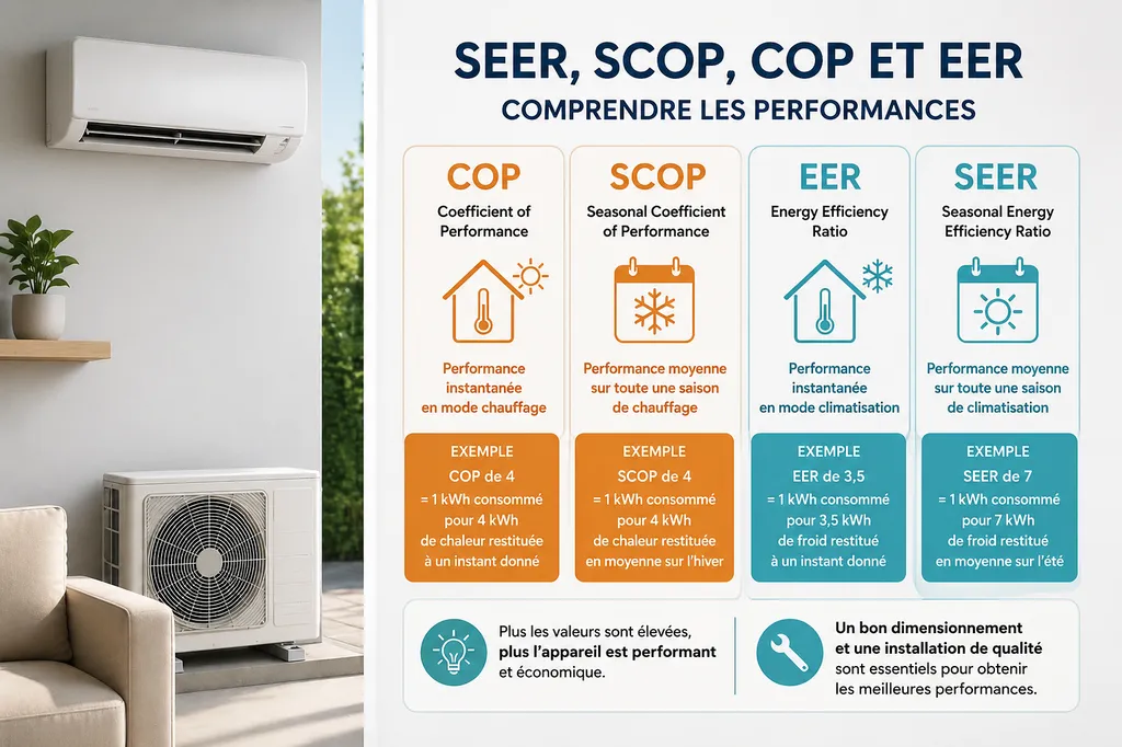 Comprendre les indicateurs de performance d’une climatisation : SEER, SCOP, COP et EER expliqués simplement pour mieux choisir son installation à Bordeaux