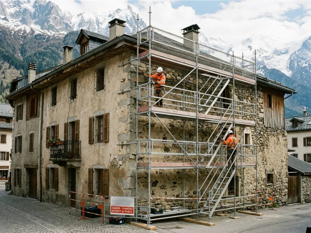 Échafaudage multidirectionnel installé sur la façade d’un bâtiment ancien pour des travaux de rénovation, avec une structure adaptée aux irrégularités du bâti et aux contraintes d’accès en zone alpine