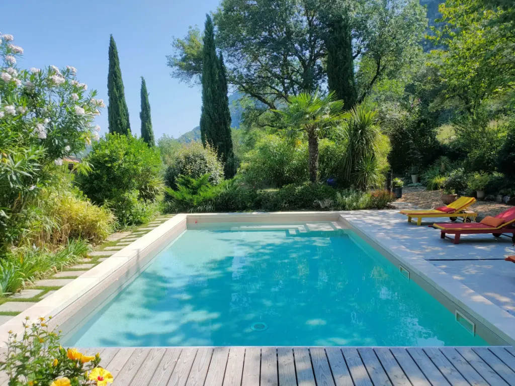 Piscine avec plage immergée, finition 3D et margelles en pierre naturelle à Anduze, dans le Gard