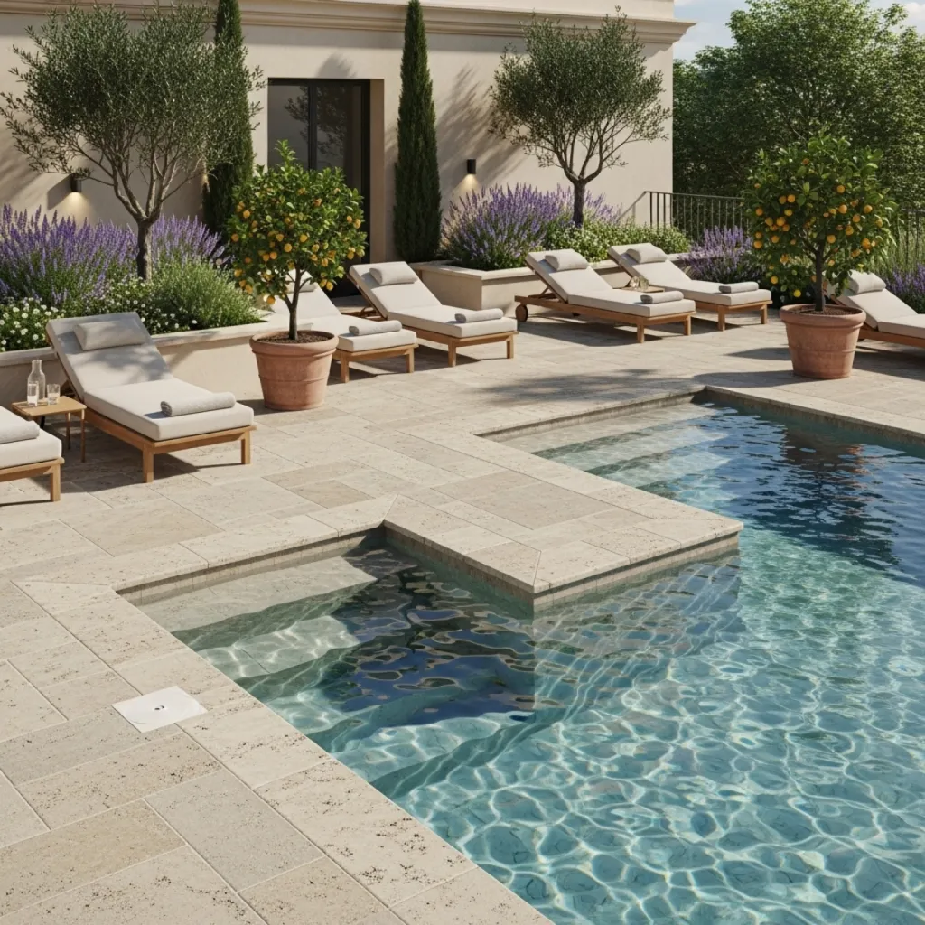 Découvrez carrelage piscine discount imitation pierre et travertin pour terrasses et bassins extérieurs à Lyon