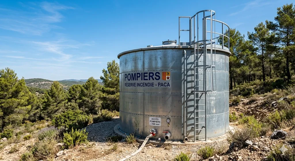Réserve incendie aérienne en PACA installation de cuve hors sol conforme DECI avec volumes dimensions et équipements