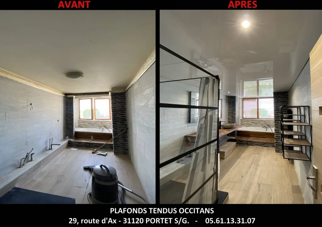 Plafond tendu laqué brillant dans salle de bains chantier situé à Toulouse
