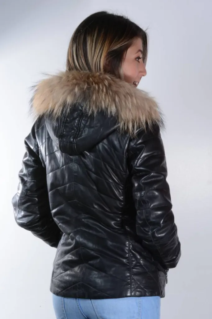 blouson capuche cuir noir femme