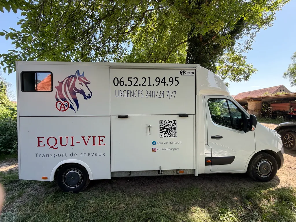 Marquage publicitaire pour camionnette de transport de chevaux vu de côté 