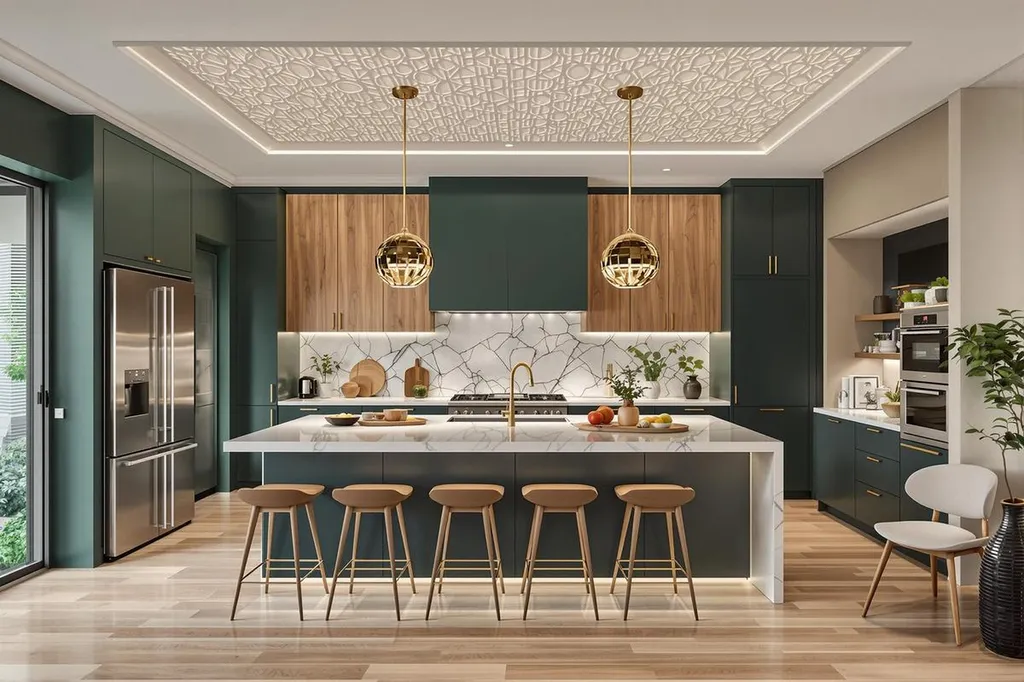 Les cuisine ouverte avec un îlot central restent des incontournables pour optimiser l’espace et favoriser la convivialité, les couleurs audacieuses prennent le pas sur le blanc traditionnel