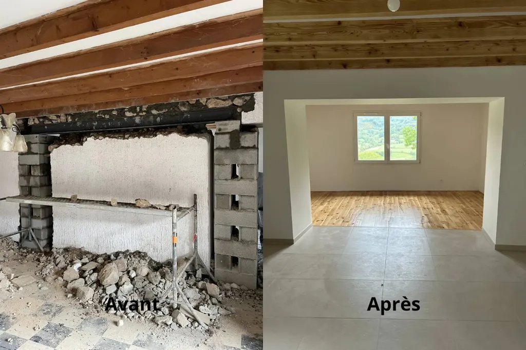 Ingénierie structurelle : création d'une ouverture de 3 mètres de long dans un mur porteur en pierres traditionnelles du Beaujolais, sécurisée par un moisage métallique (linteau HEB/IPN) après étude de charge