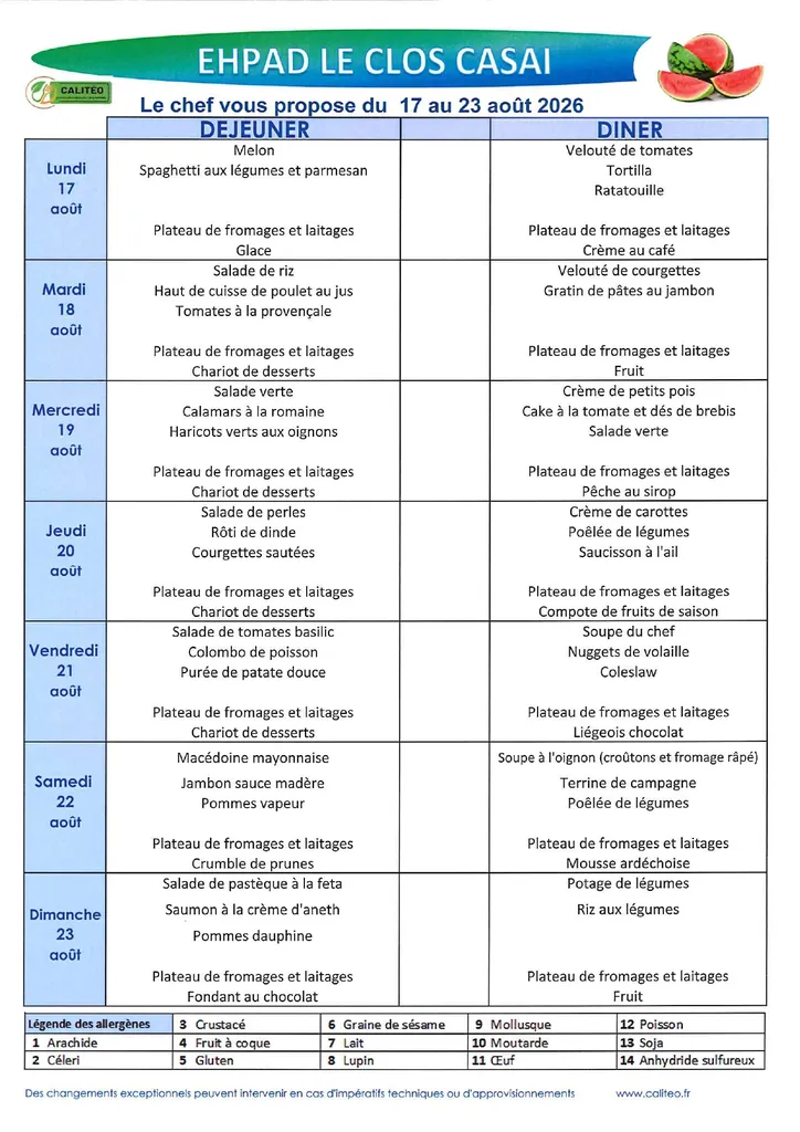 Menu du lundi 17 au dimanche 23 août 2026