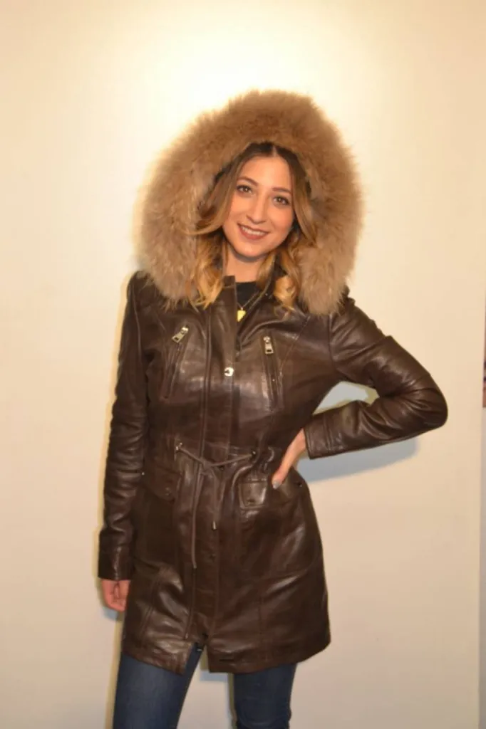 3/4 cuir marron capuche femme