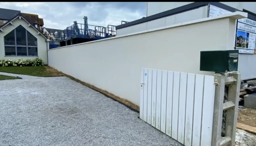 Enduit projeté blanc sur un mur en agglo et un garage