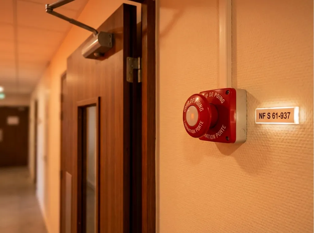Bouton coup de poing manuel (DM) pour libération ventouse électromagnétique type Z, dispositif commande manuelle obligatoire, hauteur accessible 0,90-1,30 m, signalisation claire, libération immédiate porte coupe-feu en cas d'urgence, conformité NF S 61-9
