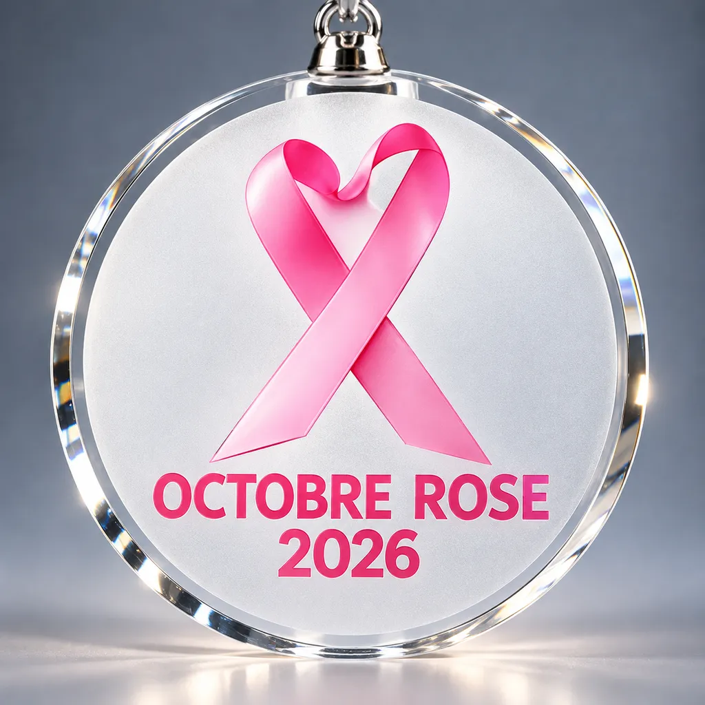 Médaille Octobre Rose en verre personnalisée – Ø 70 mm – Ruban rose