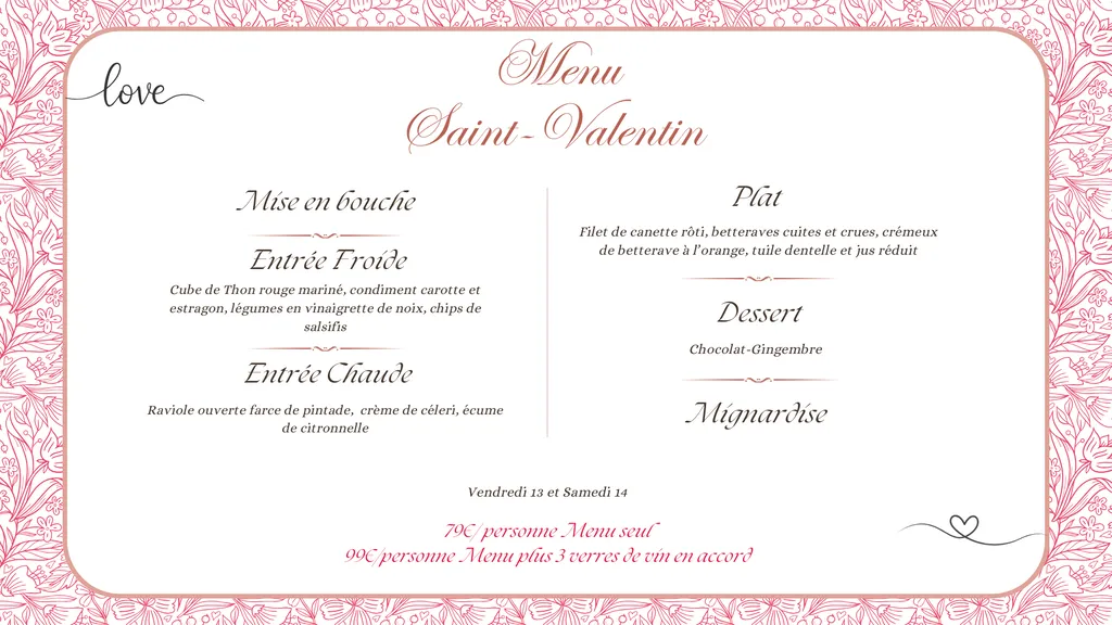 Menu Spécial Saint-Valentin