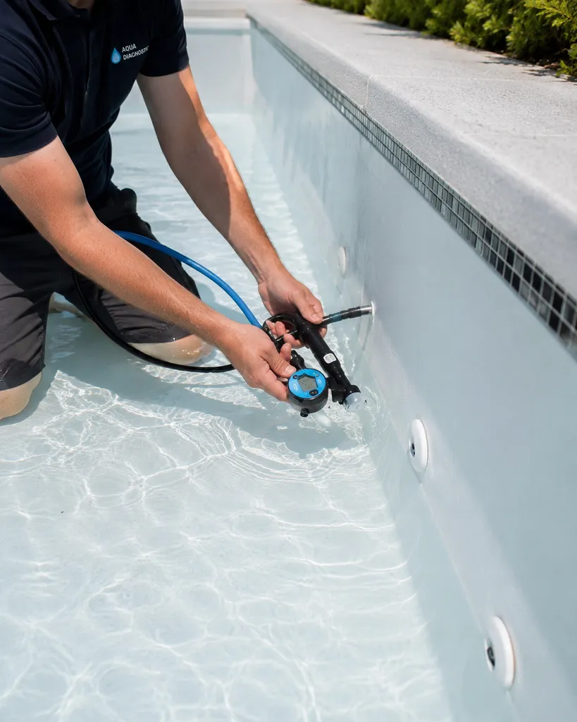 Recherche de fuite par test de pression sur une piscine enterrée à Bouc-Bel-Air : circuit de refoulement défectueux localisé et réparé près d'Aix-en-Provence